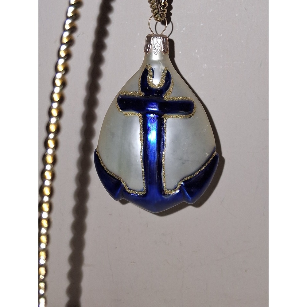 Vintage Glass Anchor Christmas Ornament Blue Nautical Maritime Coastal Decor 3.5